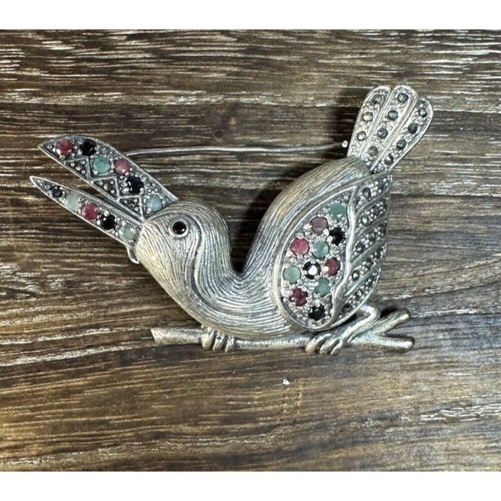 Deco Sterling Silver Toucan Bird Brooch Encrusted With Rubies Emeralds Sapphires